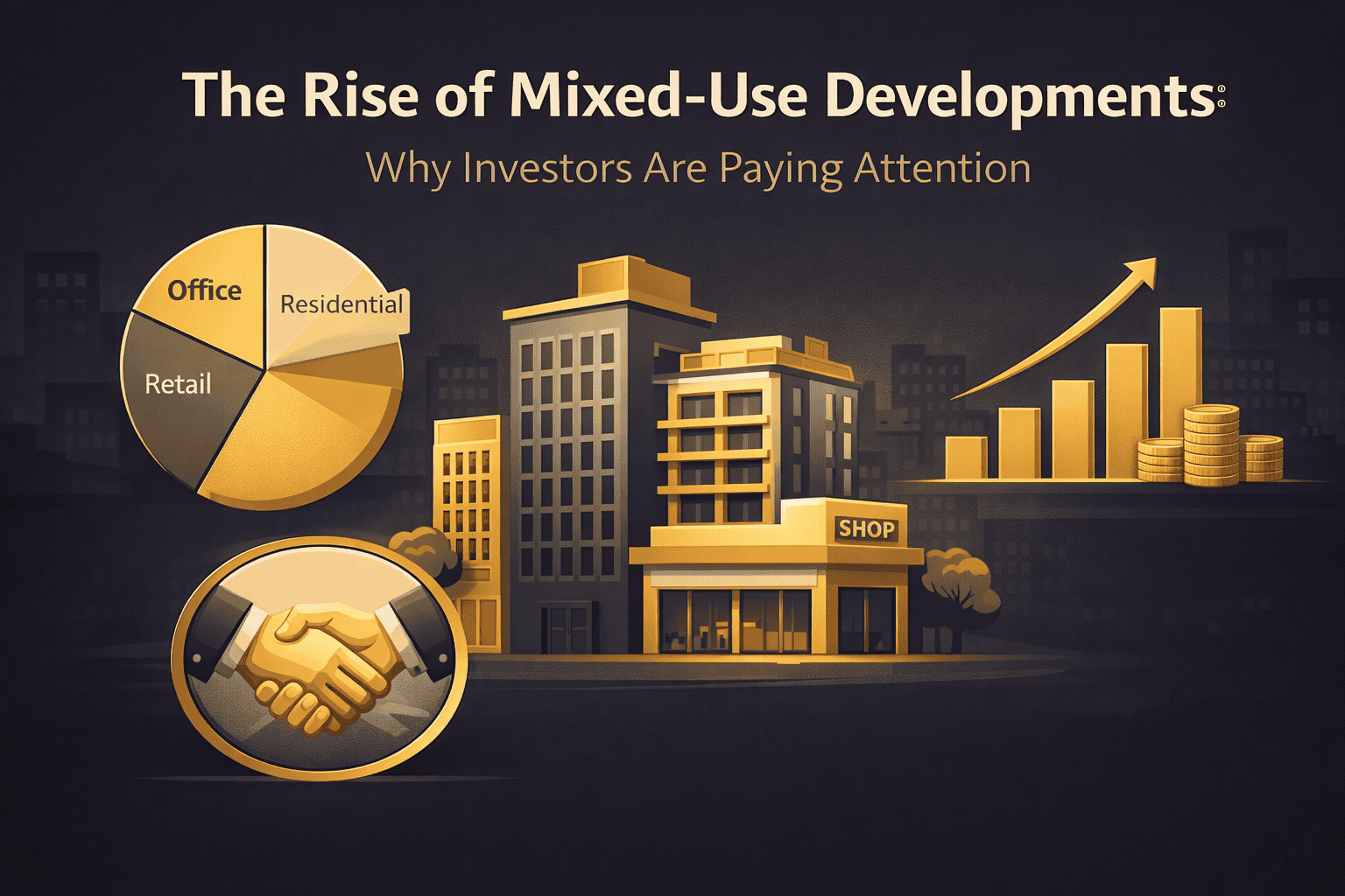 Modern mixed-use development with office, retail, residential spaces, and investment growth indicators.