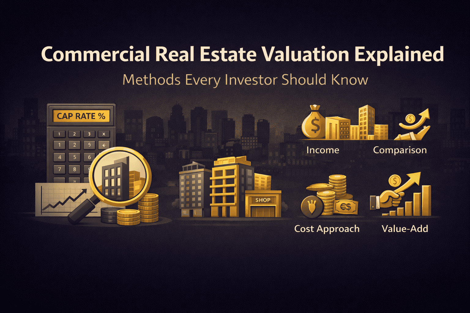 Illustration of commercial real estate valuation concepts including income, comparison, cost approach, and value-add strategies with icons and cityscape background.