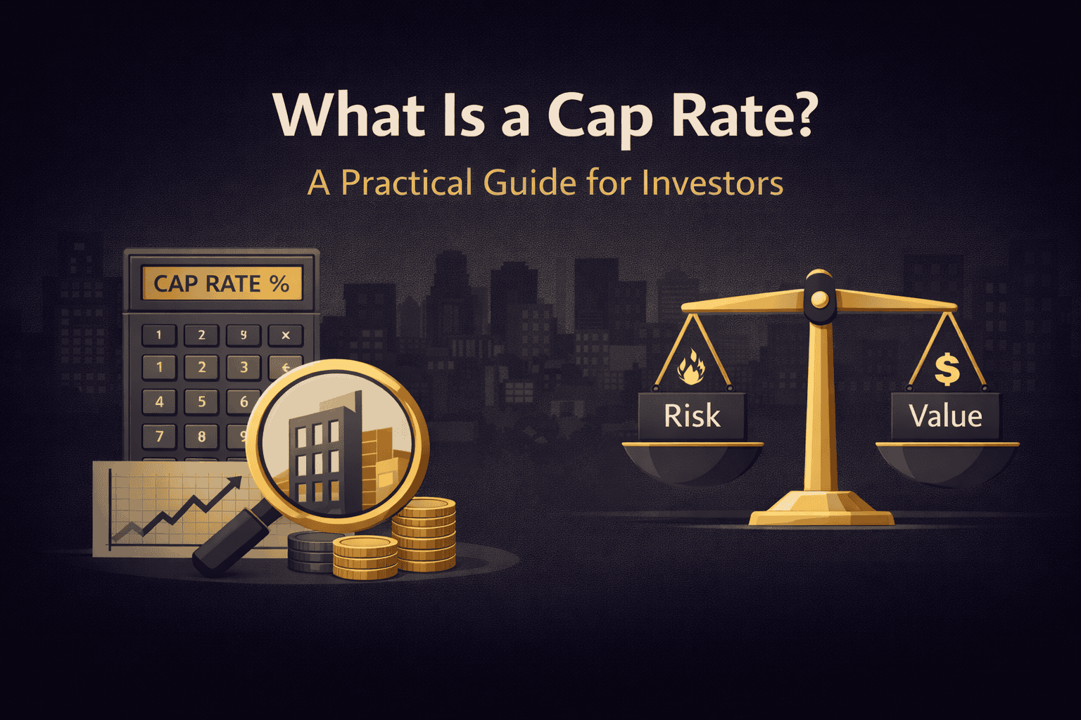 Illustration of cap rate concept with scales balancing risk and value, featuring a calculator, building, and coins for real estate investment analysis.