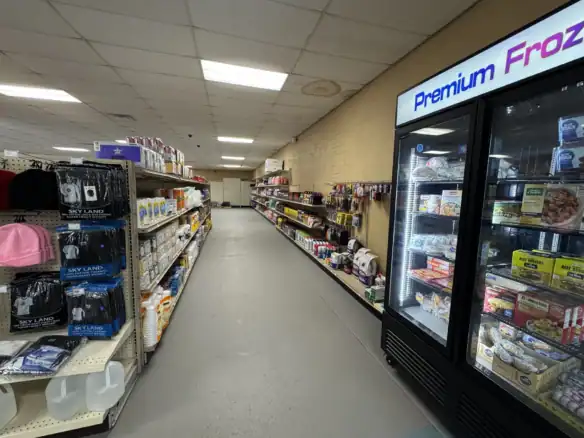 Store aisle showcasing various products, including a refrigerated section with frozen foods and shelves stocked with household items, highlighting retail environment.