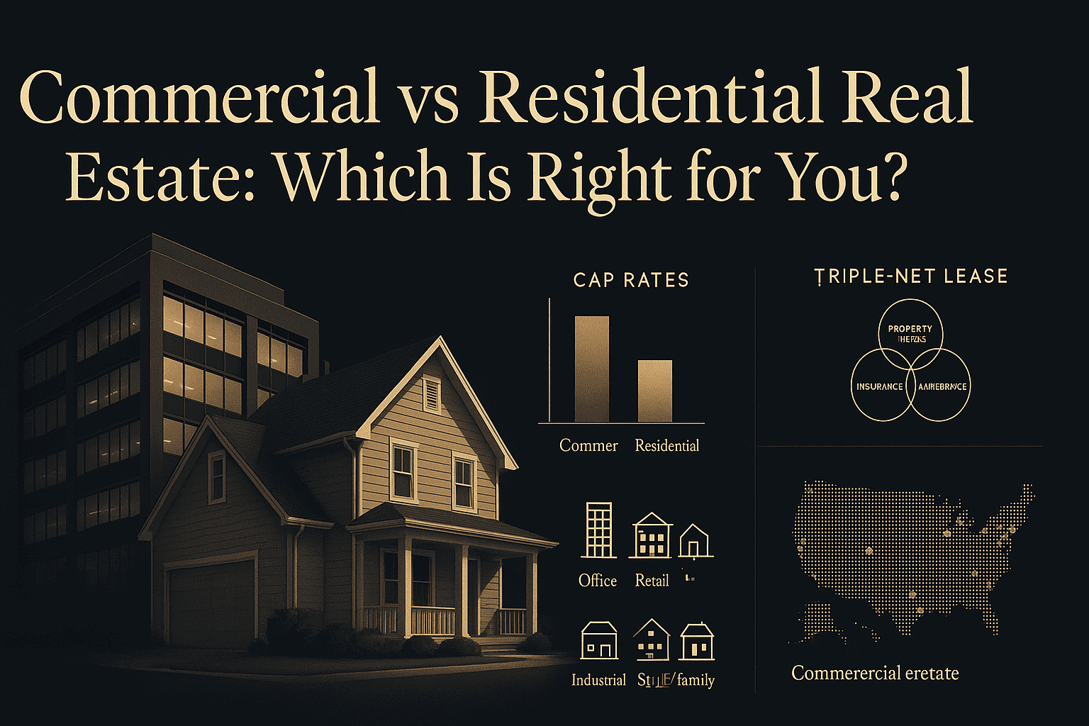 Comparison of commercial and residential real estate with charts and maps highlighting cap rates, lease types, and property locations.