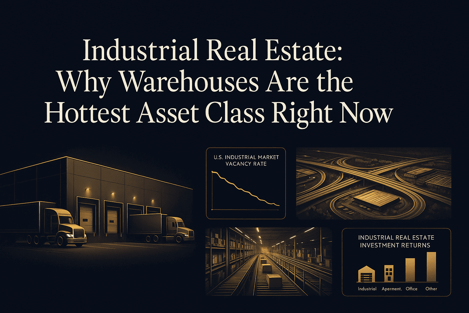 Modern warehouse facility with trucks and digital graphs highlighting industrial real estate market trends and investment returns.