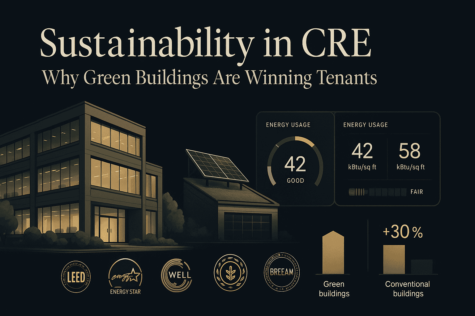 Modern sustainable building with solar panels and energy-efficient features promoting green construction practices.