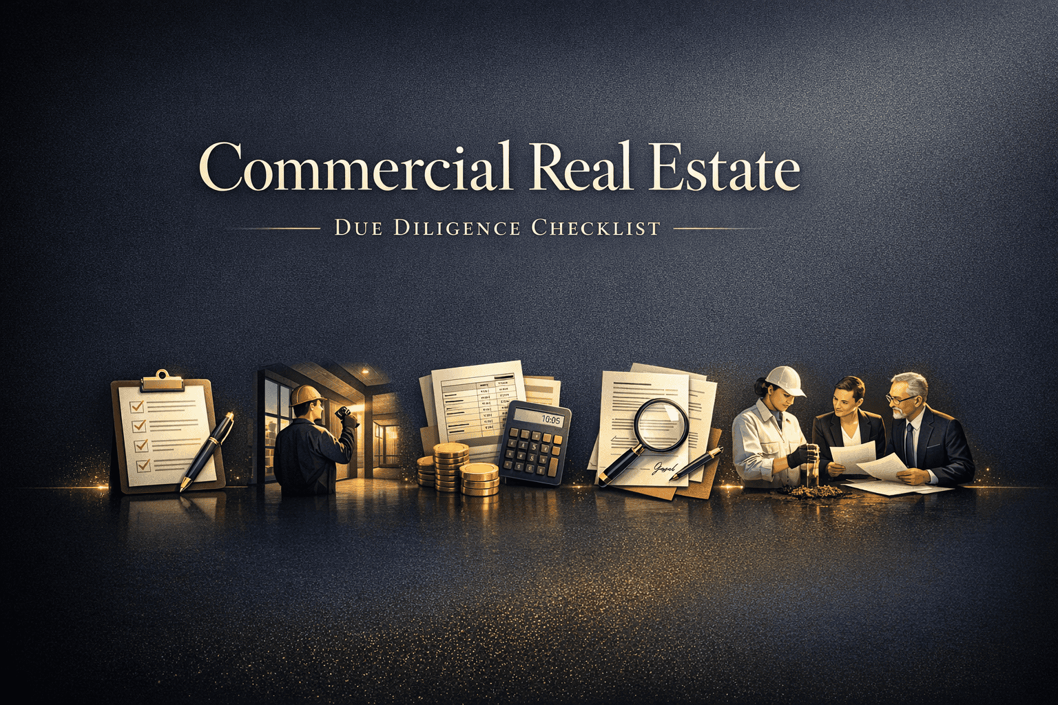 Business professionals reviewing commercial real estate documents with digital devices, charts, and financial tools on a dark background.