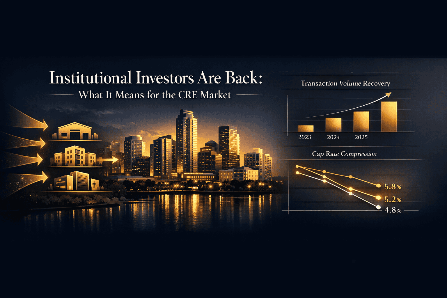 City skyline with financial graphs showing market recovery and cap rate compression for 2023-2025, highlighting investment trends.