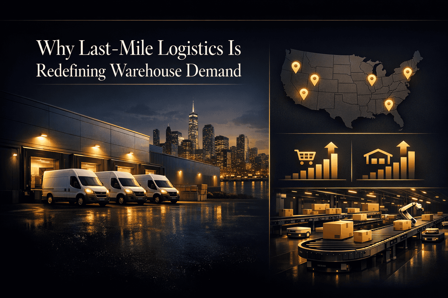 Nighttime warehouse with delivery vans, US map with logistics icons, and supply chain graphics, highlighting last-mile logistics and warehouse demand.