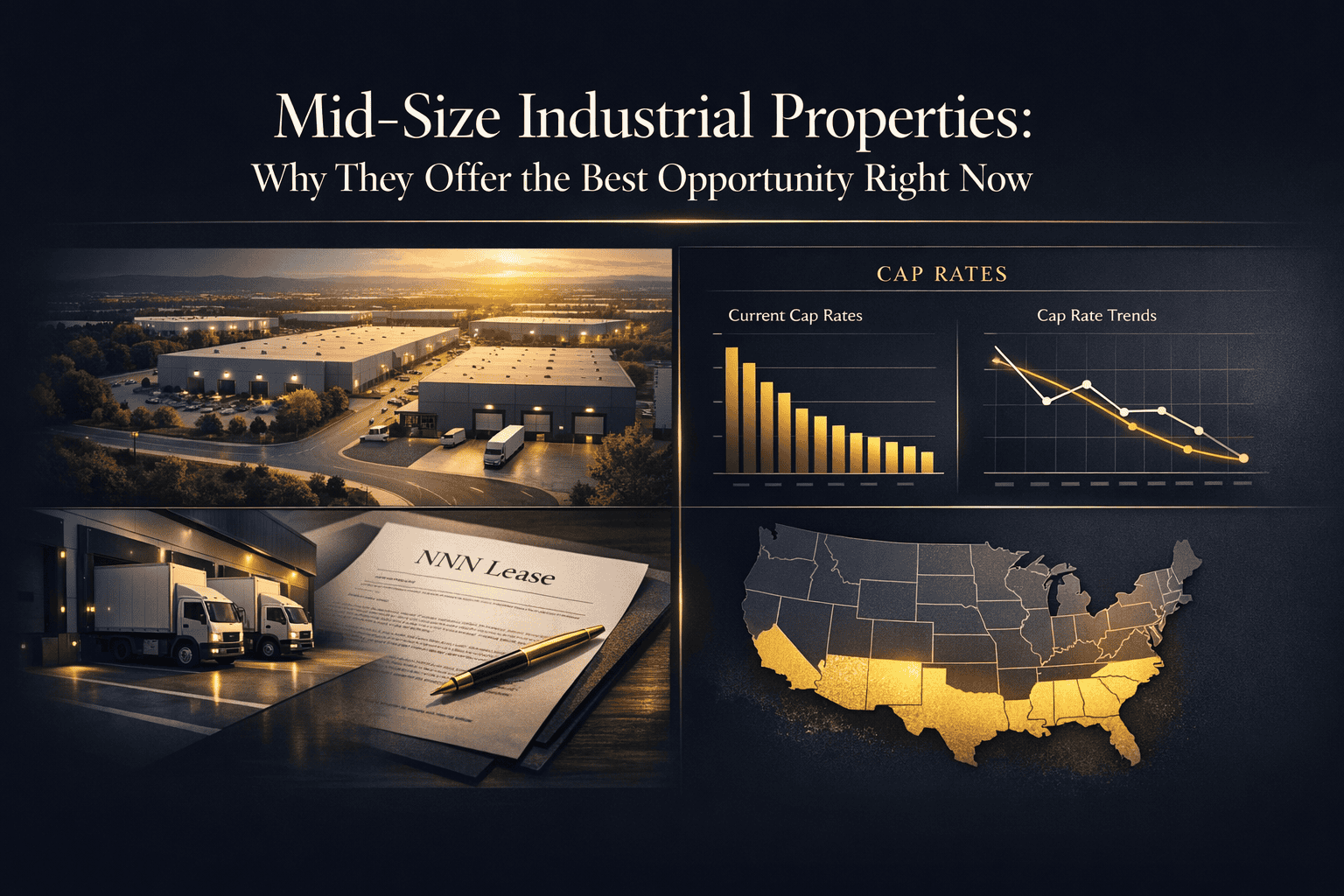 A professional presentation slide on mid-size industrial properties, featuring graphs, maps, and images of warehouses and trucks.