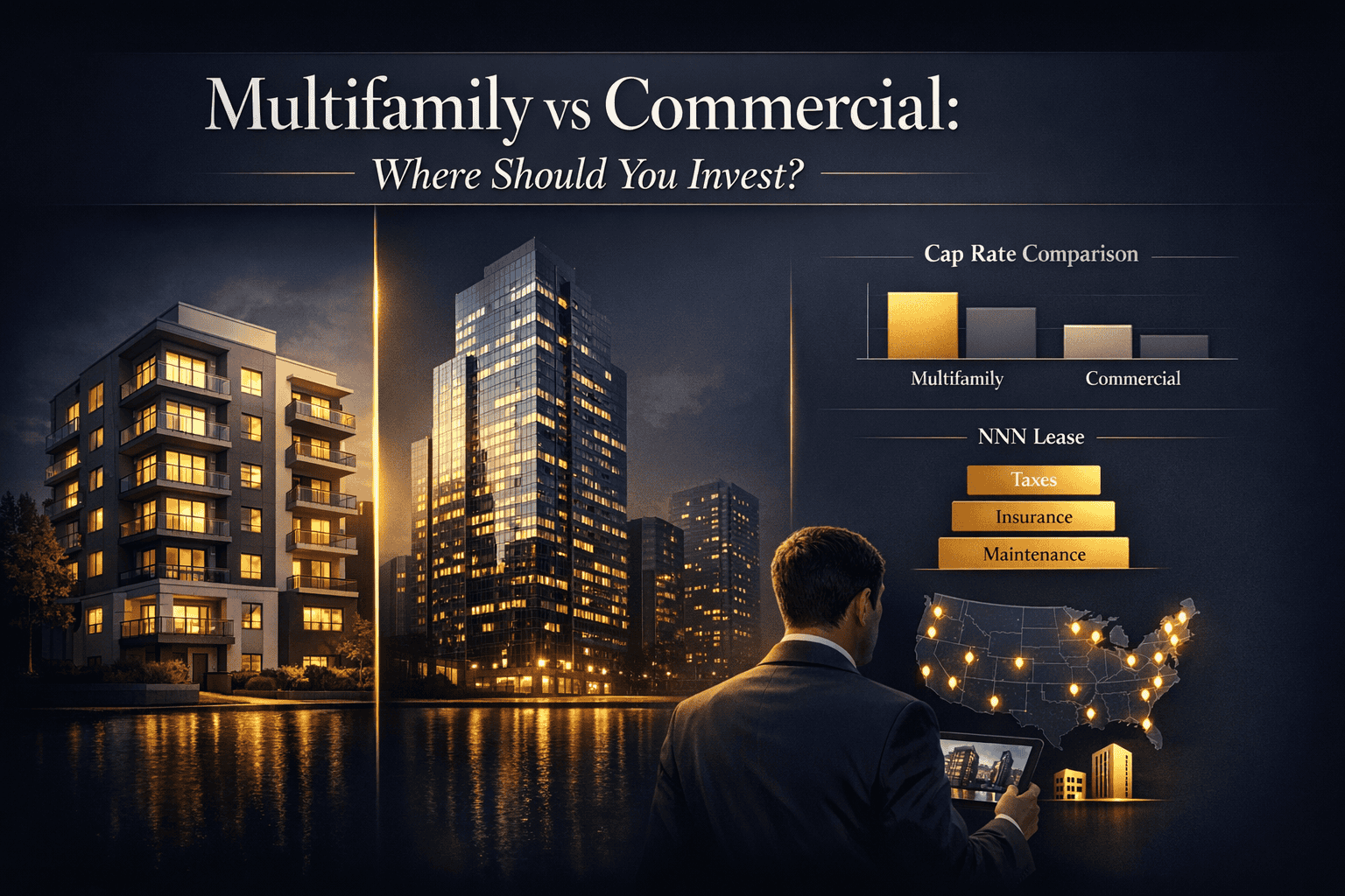 Comparison of multifamily and commercial real estate investments with cap rate and lease type analysis, highlighting key differences for investors.
