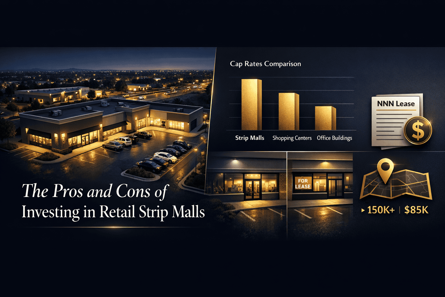Night view of retail strip mall with investment analysis chart highlighting cap rates for strip malls, shopping centers, and office buildings.