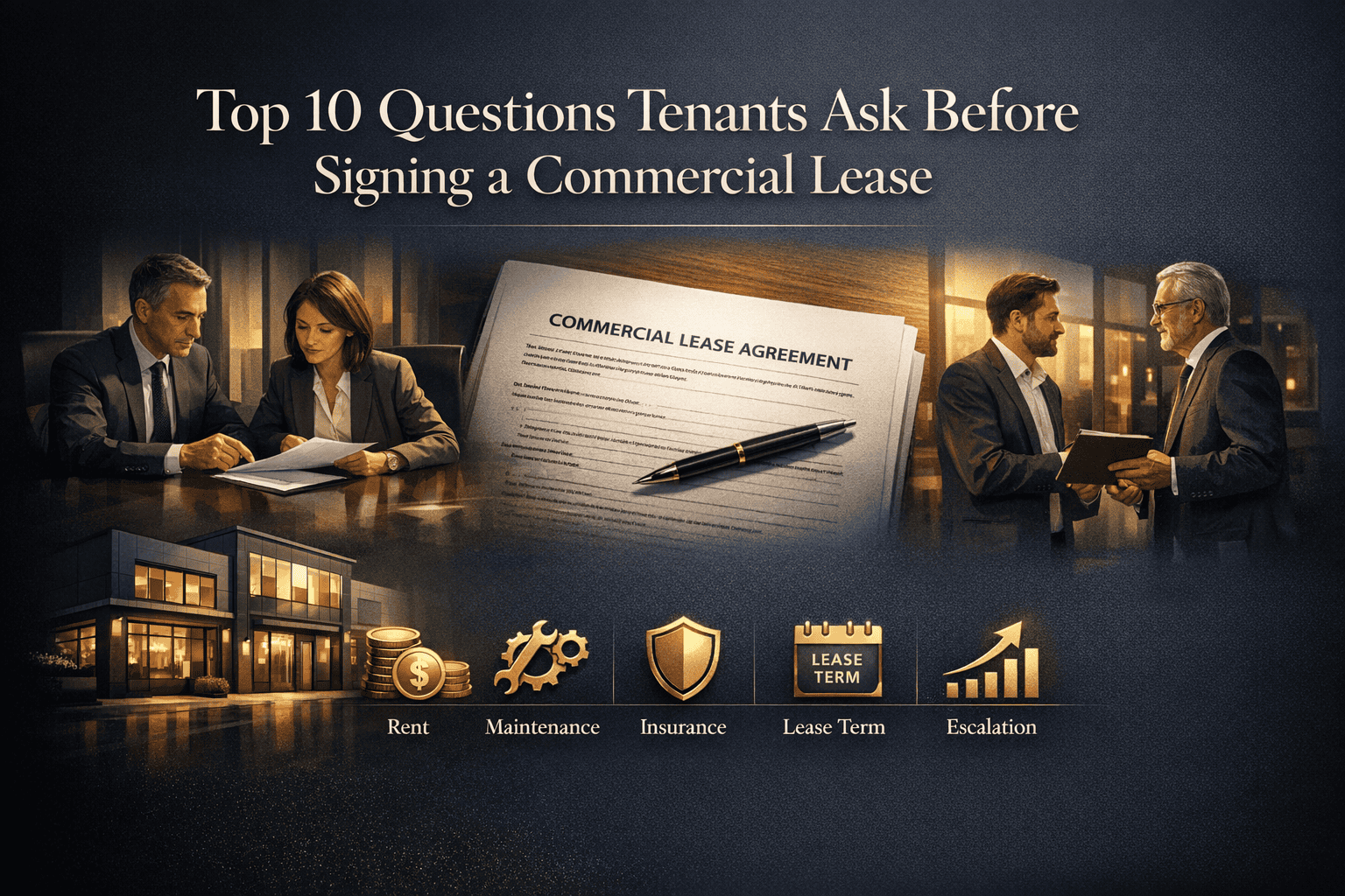 Business professionals discussing commercial lease agreement with icons for rent, maintenance, insurance, lease term, and escalation.