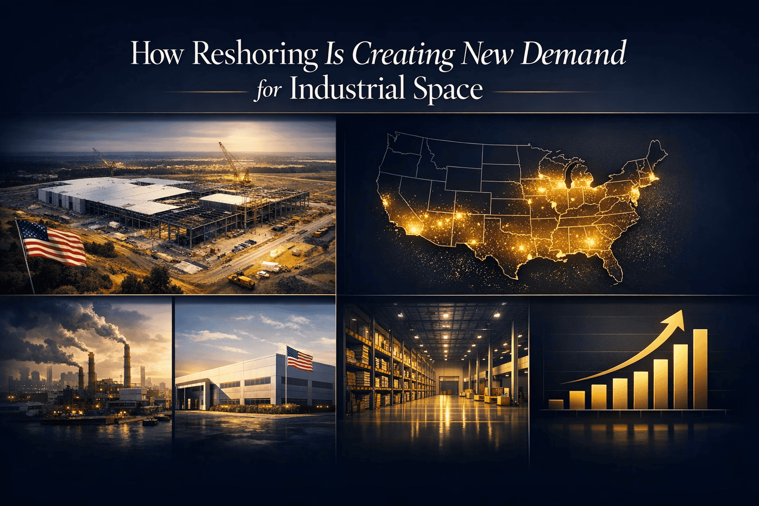 Map of the United States highlighting industrial demand and reshoring trends with images of factories, warehouses, and industrial infrastructure.