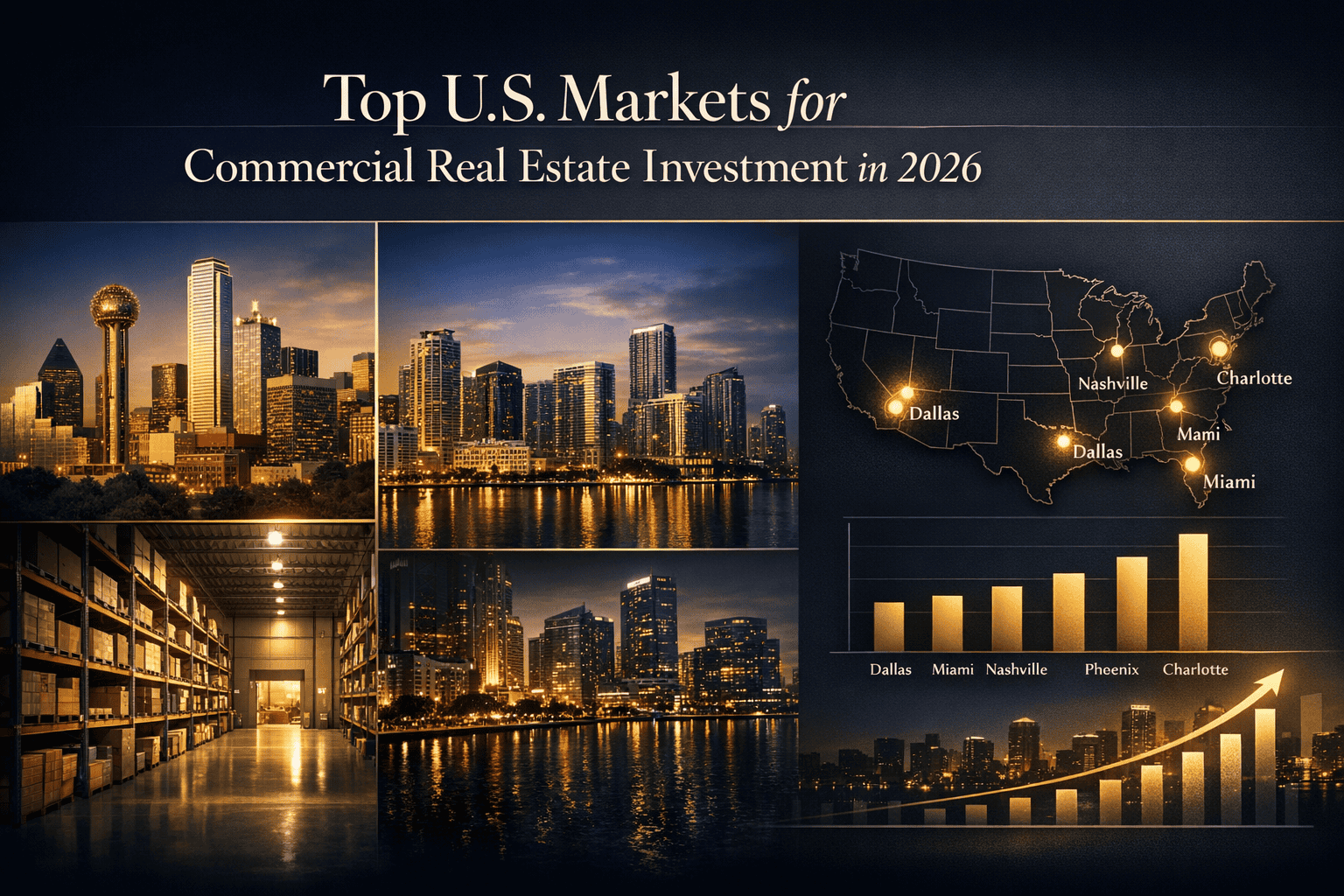 Map and skyline images showcasing top U.S. cities for commercial real estate investment in 2026, including Dallas, Nashville, Charlotte, Miami, and Phoenix.