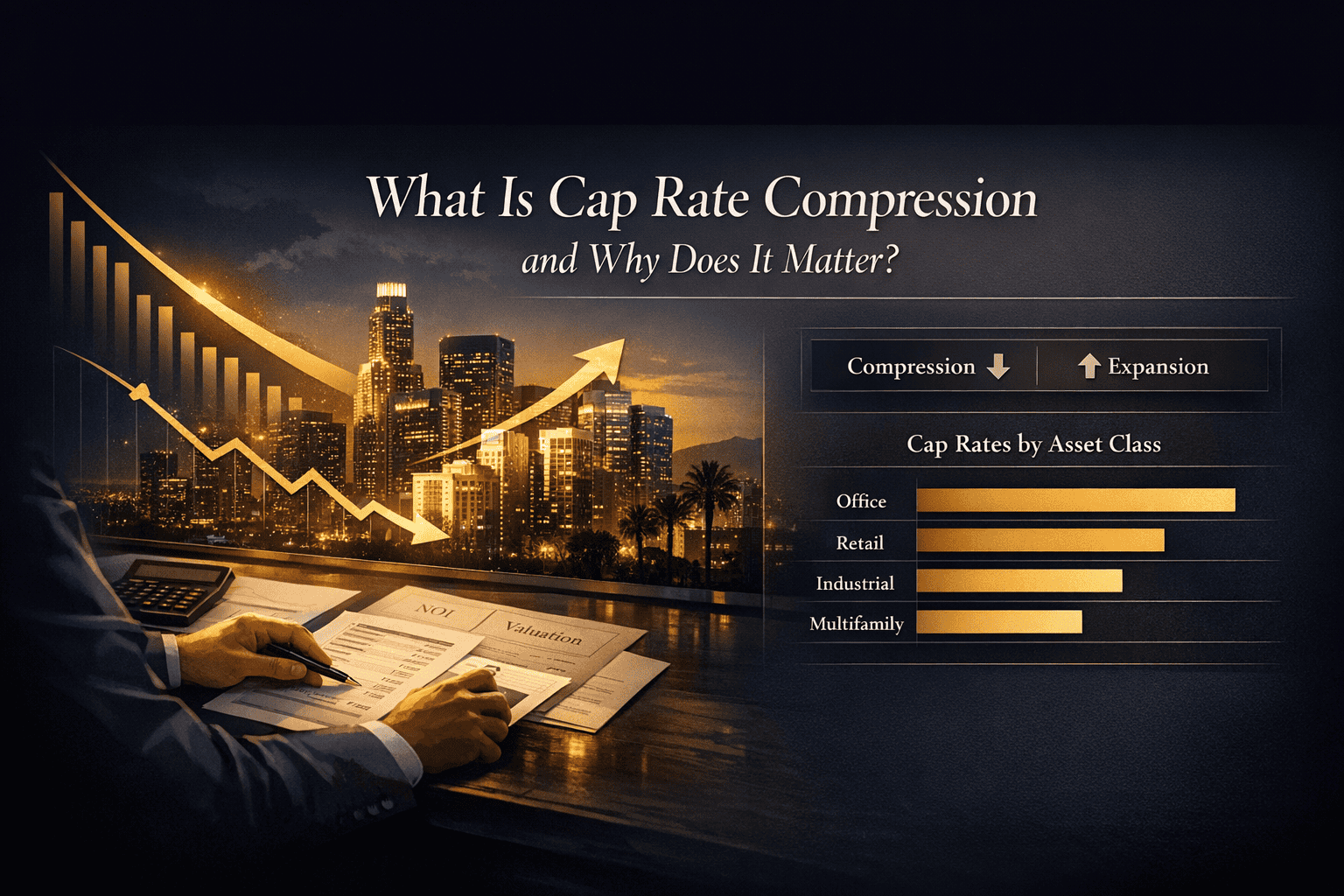 A city skyline at sunset with a graph showing cap rate compression and expansion trends, highlighting real estate investment analysis.