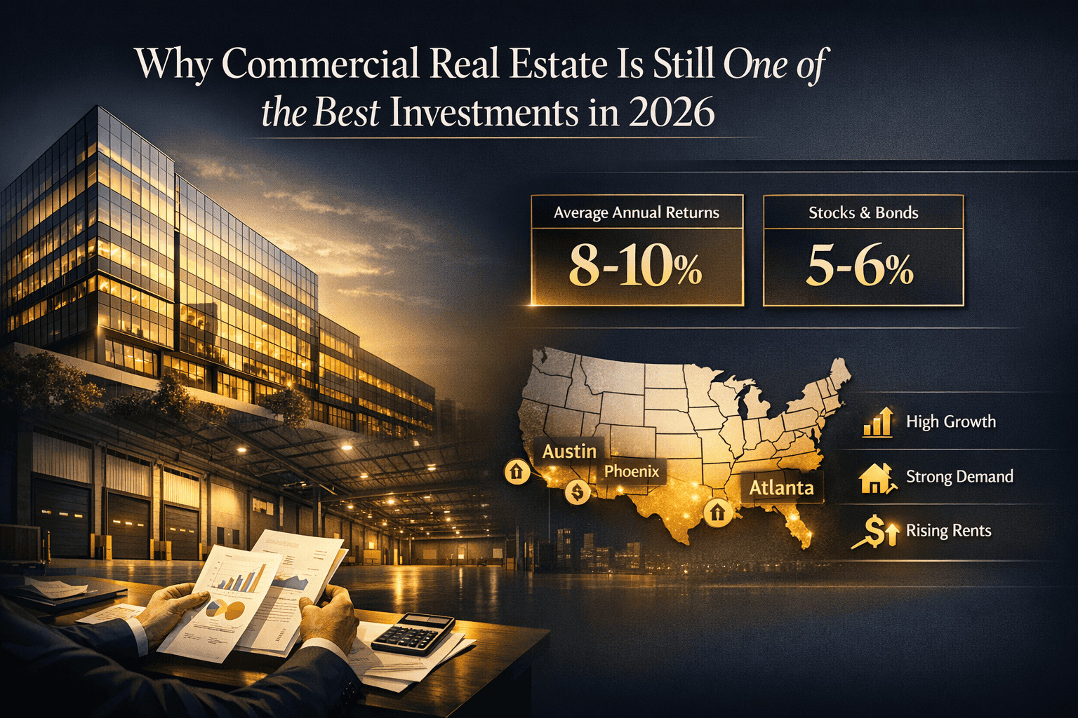 Modern commercial building with investment infographic highlighting 8-10% returns and 5-6% stocks & bonds in 2026.